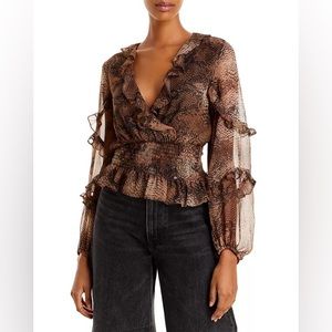 Bardot snakeskin cinched waist long sleeve blouse size 4 XS brown black